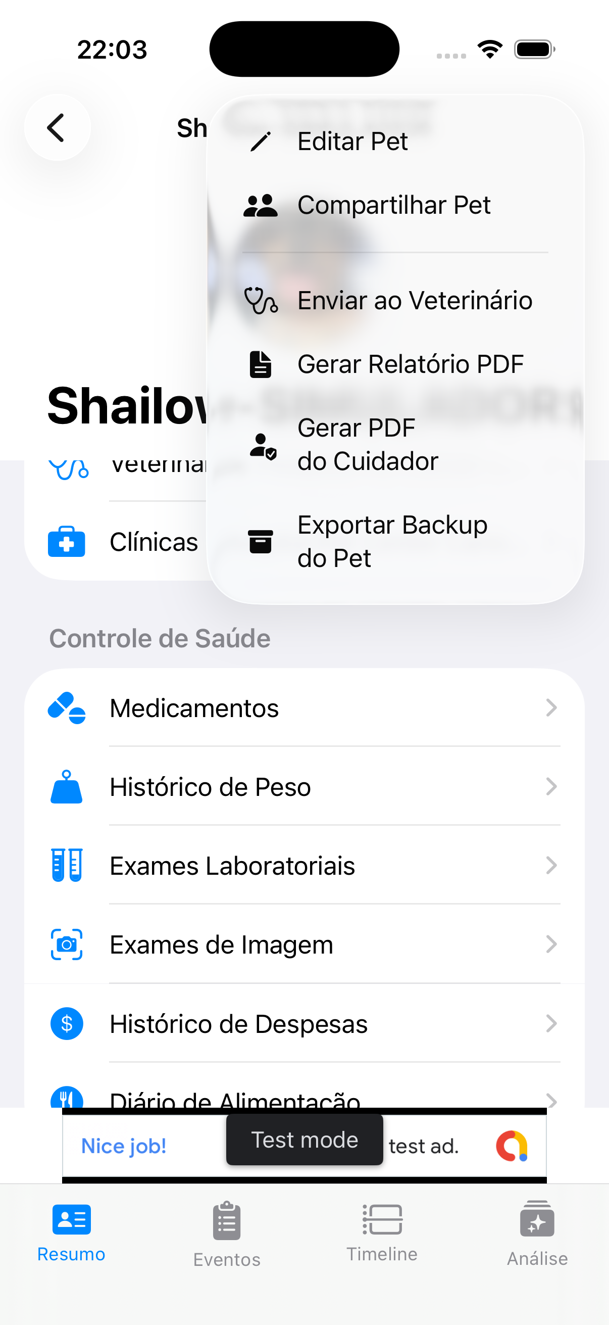 Menu de opções
